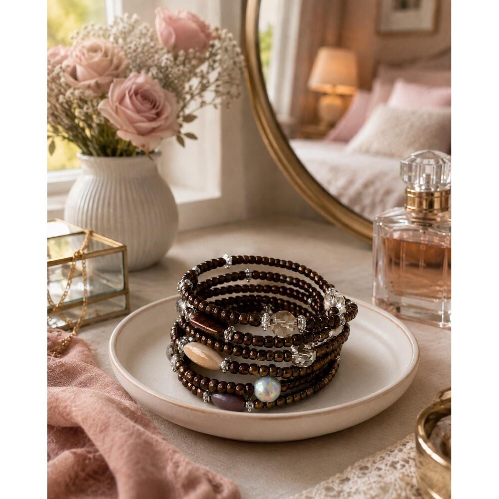 Boho Bracelet Bronze Beaded Wrap, Multi Strand Memory Wire Bracelet, Crystal & S